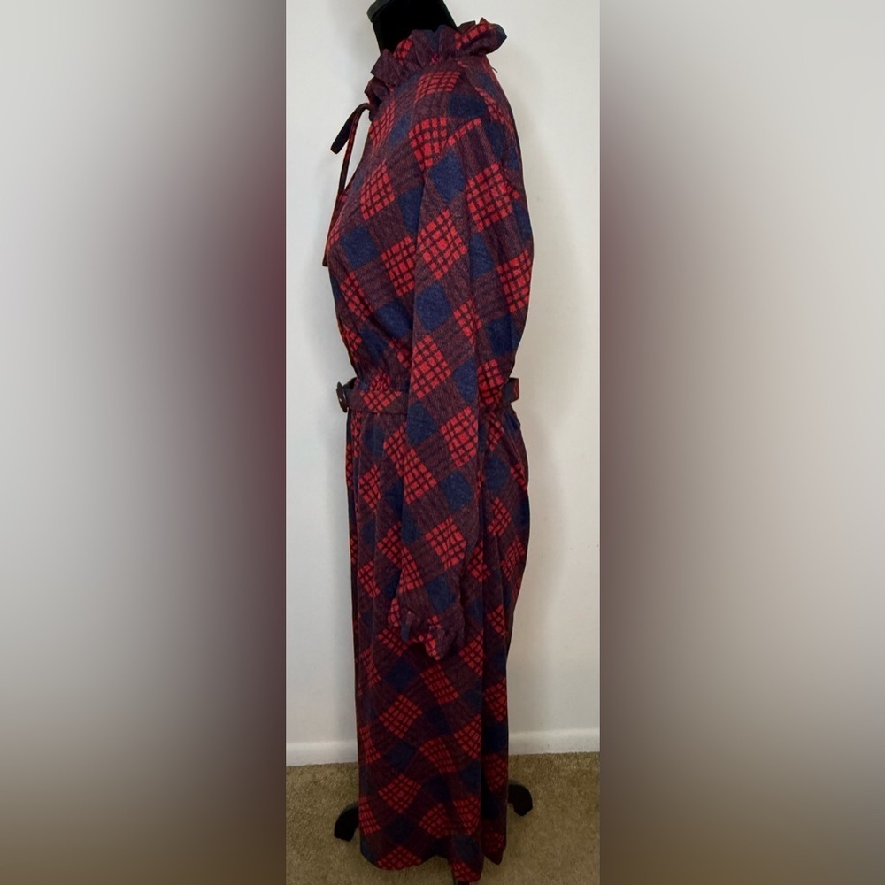 Vintage 70’s Red & Blue tartan plaid long sleeve midi dress belt, pockets 14 - Picture 5 of 9